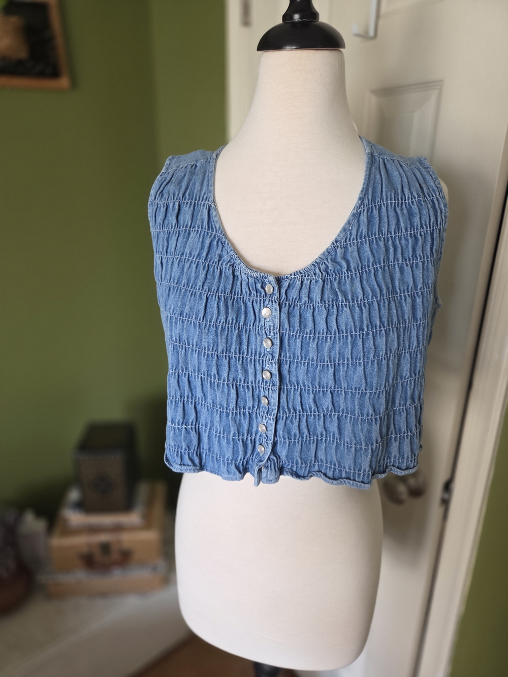 Light Blue Smocked Button-Front Crop Top